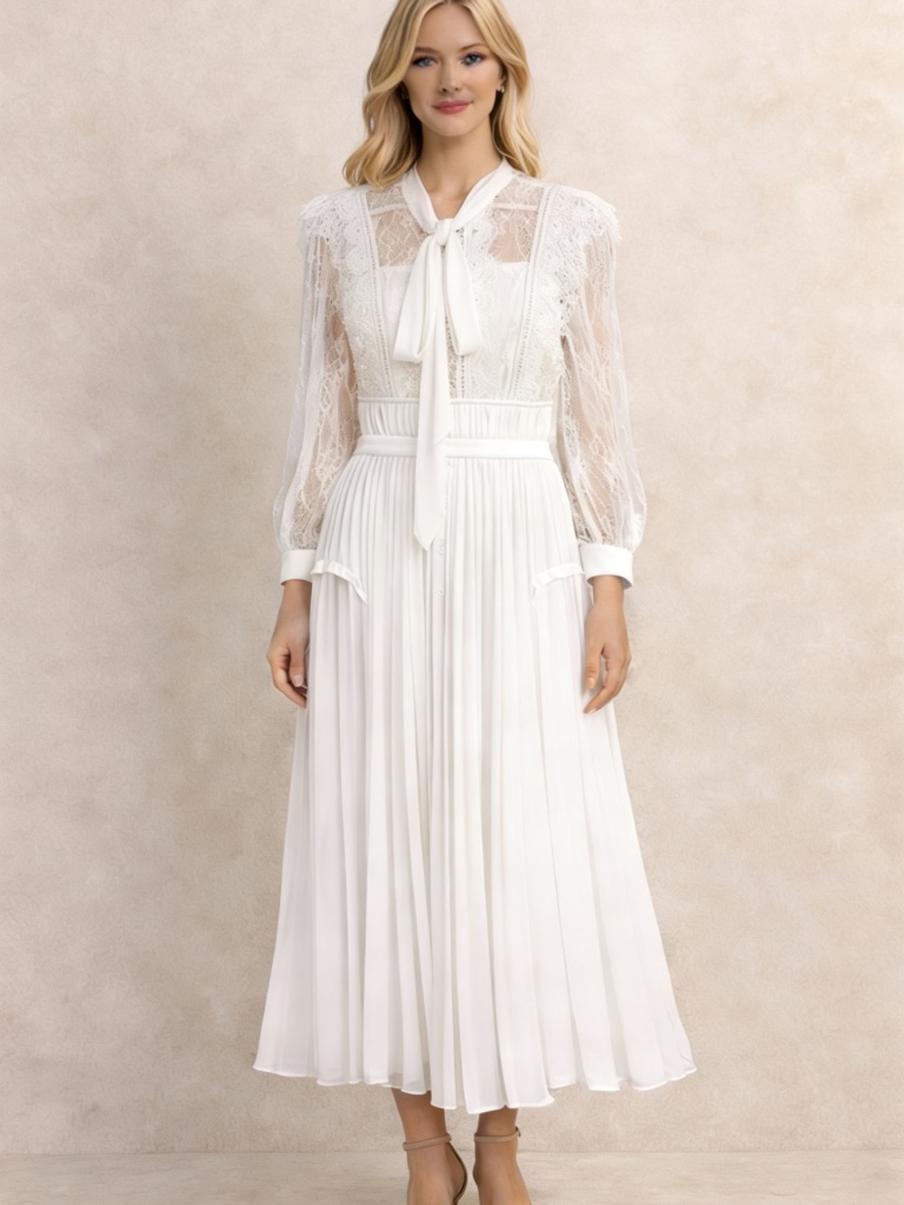 Self Portrait Style Elegant White Lace Mid Sleeves Pleated Midi Dress
